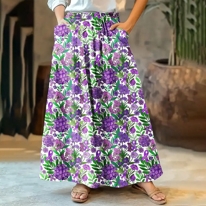 Women's Purple Flowers Embroidery Art Linen Blend Skirt artswardrobe