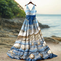 Women's Starfish & Sea Shells Sea Waves Art Linen Tank Midi Dress artswardrobe