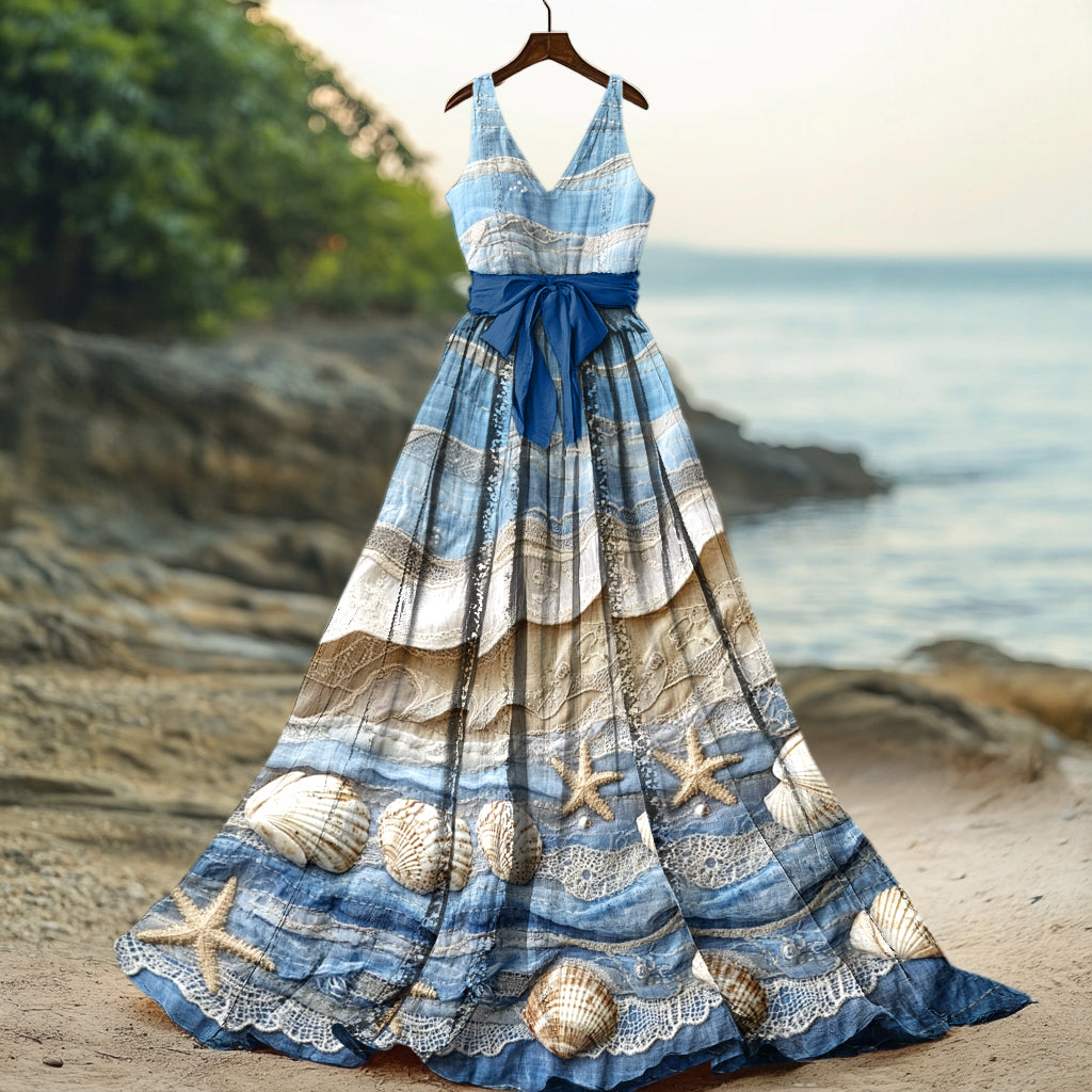 Women's Starfish & Sea Shells Sea Waves Art Linen Tank Midi Dress artswardrobe