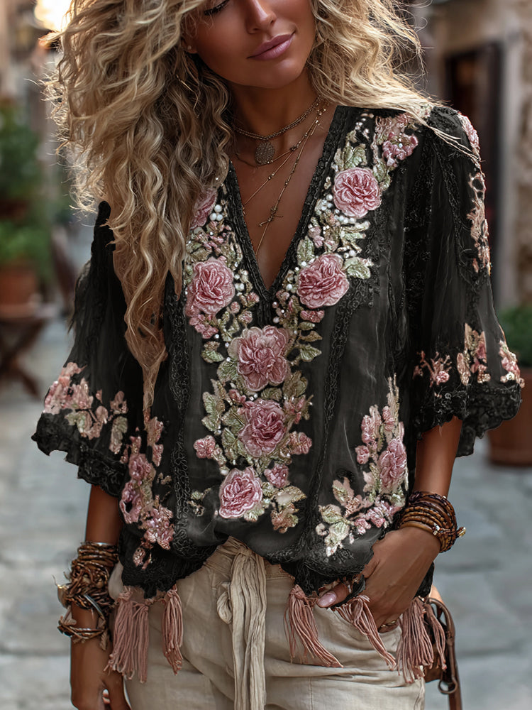 Women's Vintage Rose Embroidery Art Comfy Linen Shirts artswardrobe