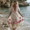 Women's Vintage Pink Rose Embroidery Art Comfy Linen Maxi Dress artswardrobe
