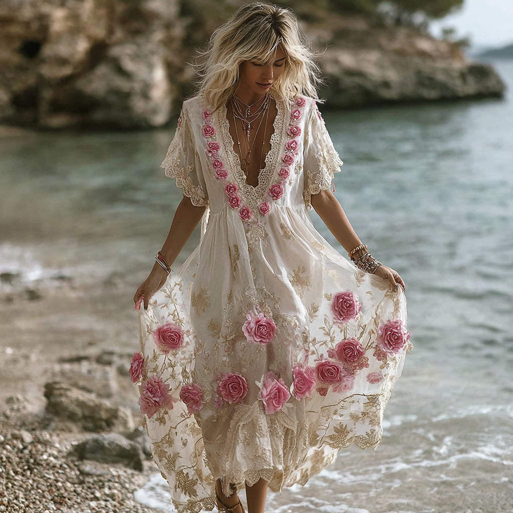 Women's Vintage Pink Rose Embroidery Art Comfy Linen Maxi Dress artswardrobe