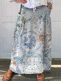 Women's Floral Art Printed Linen Pocket Skirt