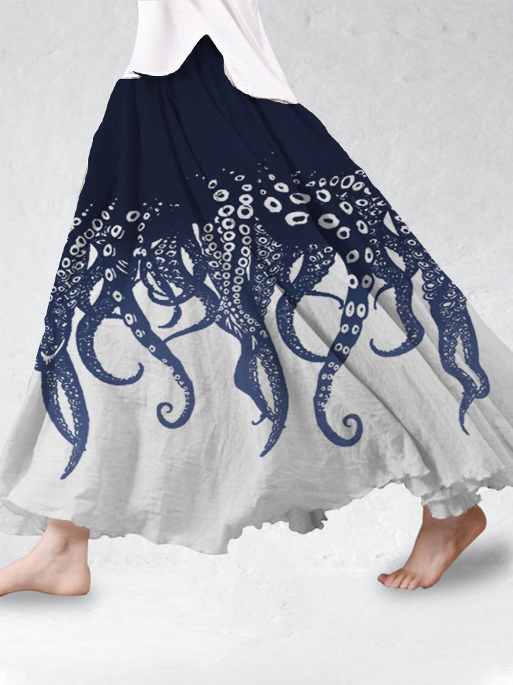 Comstylish Japanese Art Ocean Octopus Print Cotton Blend Skirt