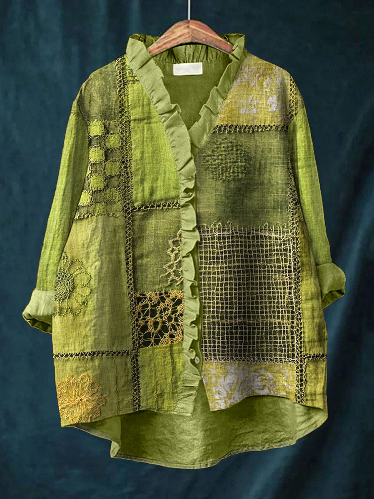 Comstylish Green Floral Embroidery Art Linen Blend Ruffle Shirt
