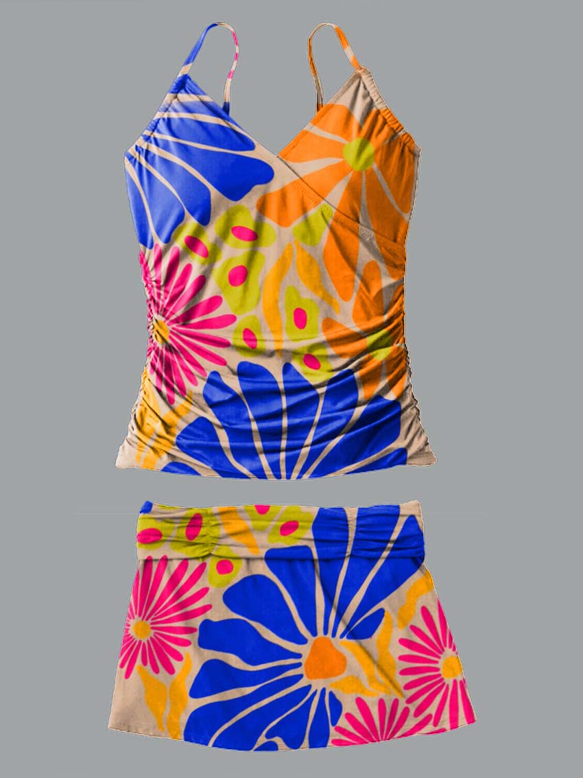 V-Neck Colorful Geometric Flower Art Print Suspender Skirt Tankini Pantskirt Set Swimsuit