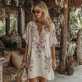Comstylish Women's Floral Embroidery Art V Neck Comfy Midi Dress