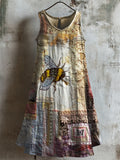Cottage Bee Embroidered Floral Textile Linen Tank Dress artswardrobe