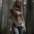 Comstylish Women's Vintage Red Rose Skeleton Art Cozy Knit Sweater