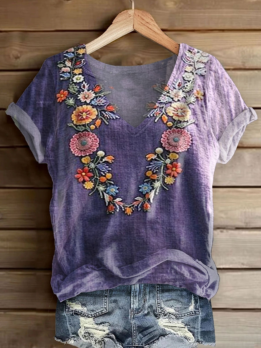 Women's Vintage Floral Art Print V-Neck Casual T-Shirt