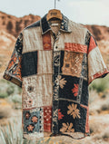 Men's Retro Patchwork Contrast Color Linen Shirt artswardrobe