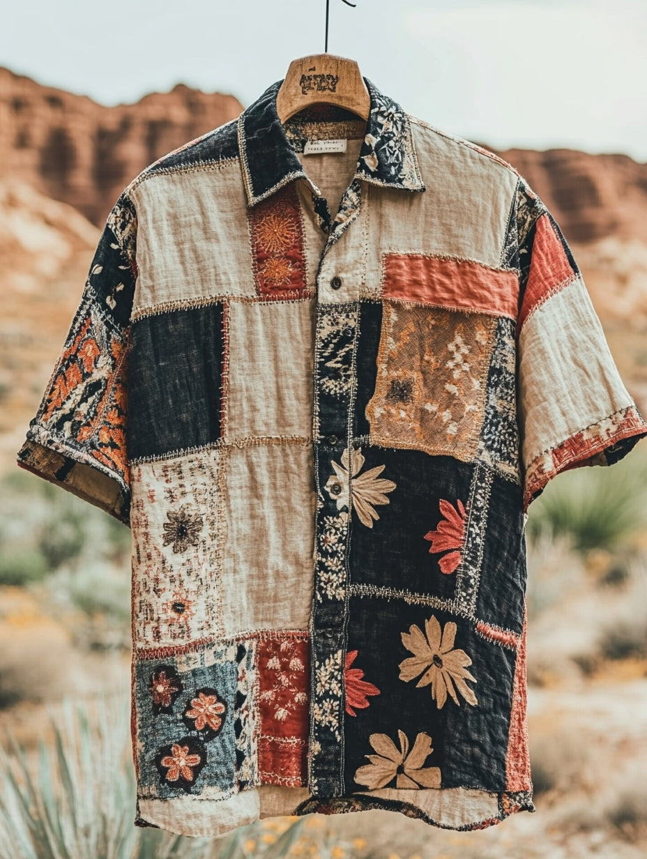 Men's Retro Patchwork Contrast Color Linen Shirt artswardrobe