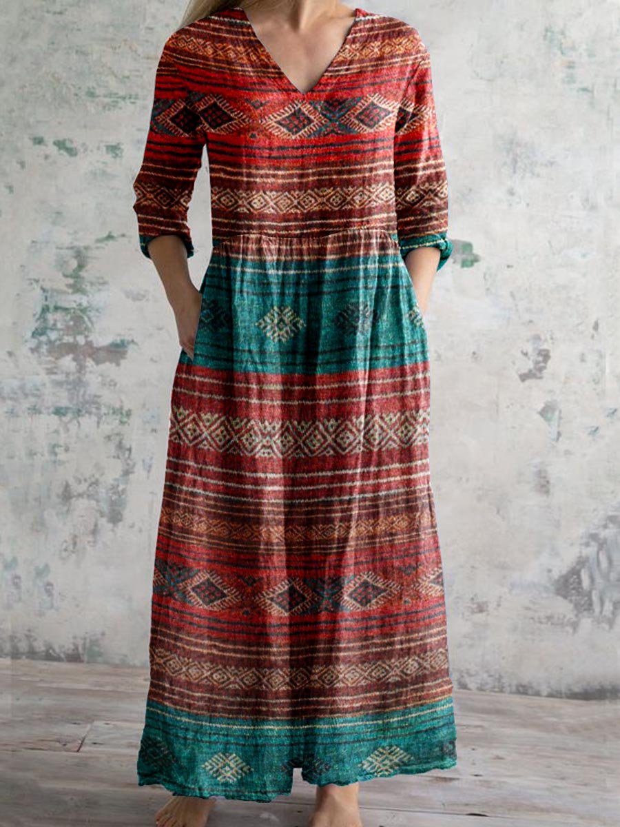 Women's Bohemian Floral V-Neck Cotton and Linen Dress with Pockets
