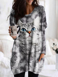 Cute Gray Cat Print Women's Long T-Shirt elevenforest