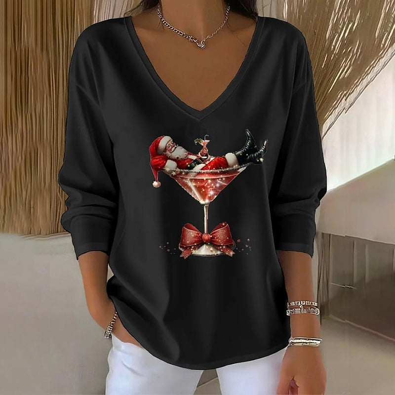 Comstylish Women's Fun Christmas Wine Glass With Santa Claus Print V-neck Long Sleeve T-shirt