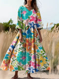 Women's Floral Art Print Flowy V-Neck Cotton Dress