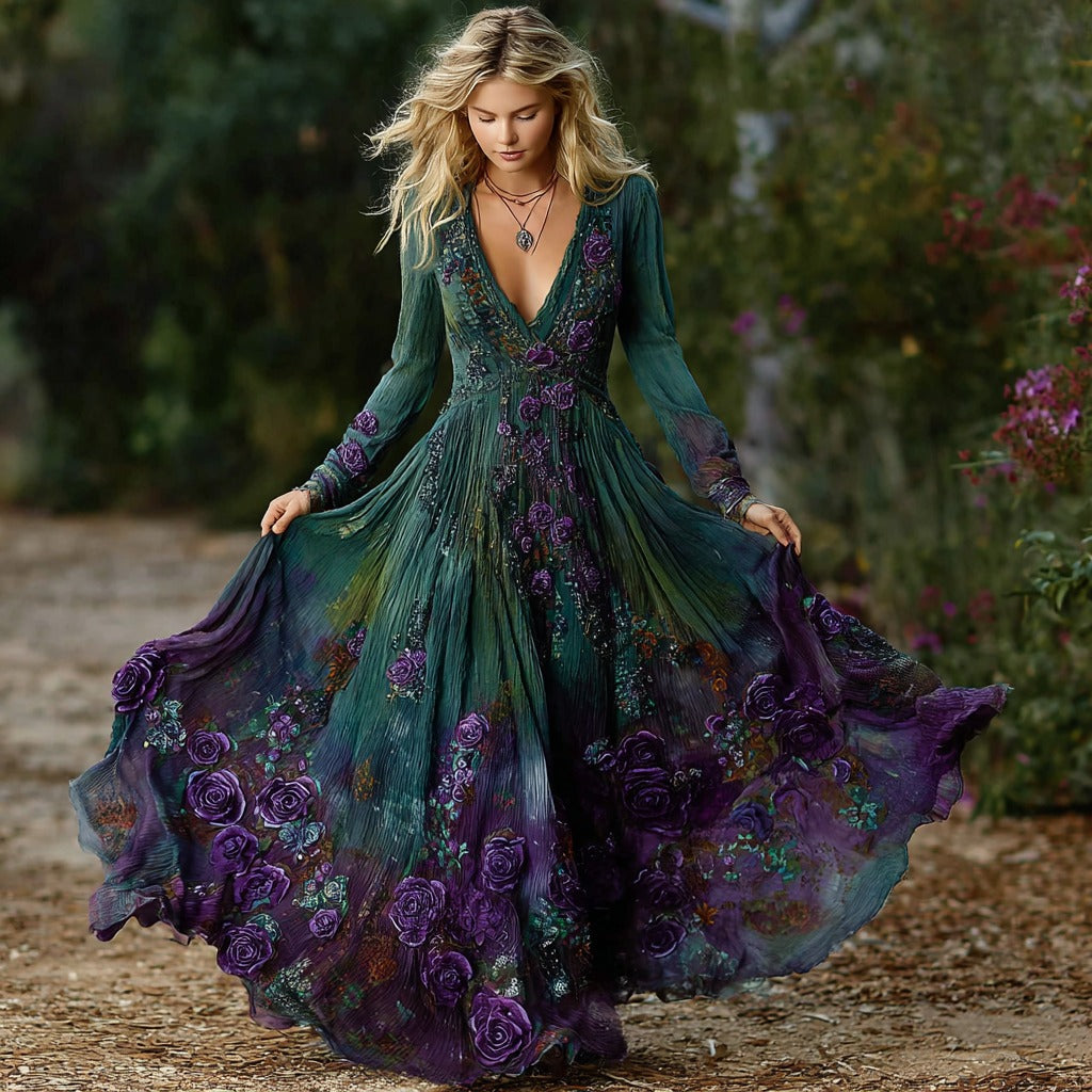 Women's Vintage Purple Rose Art Pattern Gradient Long Sleeve Dress artswardrobe