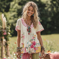 Women's Holiday Embroidered Floral Patchwork T-shirt artswardrobe