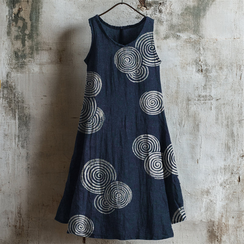 Comstylish Ripples Japanese Lino Pattern Linen Tank Dress