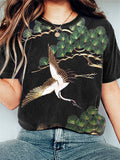 Comstylish Pine Tree & Crane Japanese Art Print Cotton T-Shirt