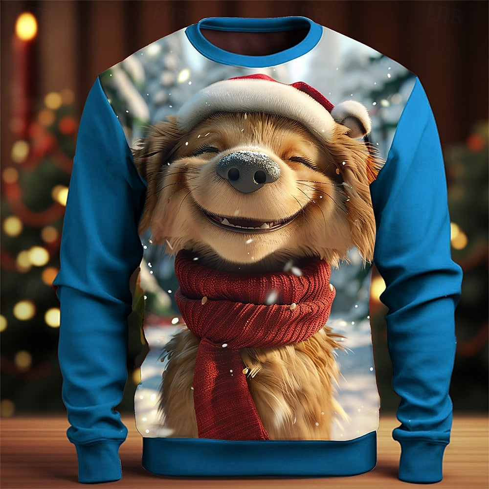 Comstylish Men's Christmas Dog Print Crew Neck Sweatshirt