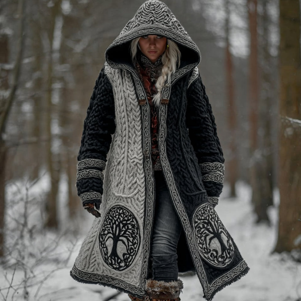 Women's Viking Style Tree Of Life Celtic Knot Vintage Black And White Color Long Hooded Cardigan Sweater