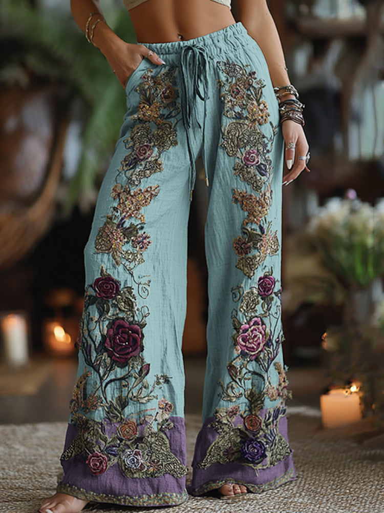 Classy Purple Lavender And Floral Embroidered Art Linen Pants artswardrobe