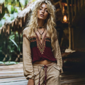 Retro Tribal Ethnic Style Tassel Embroidered Linen V-neck Shirt artswardrobe