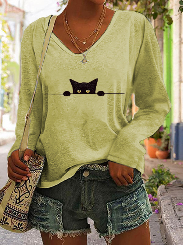 Comstylish Women's Casual Funny Black Cat Print T-shirt