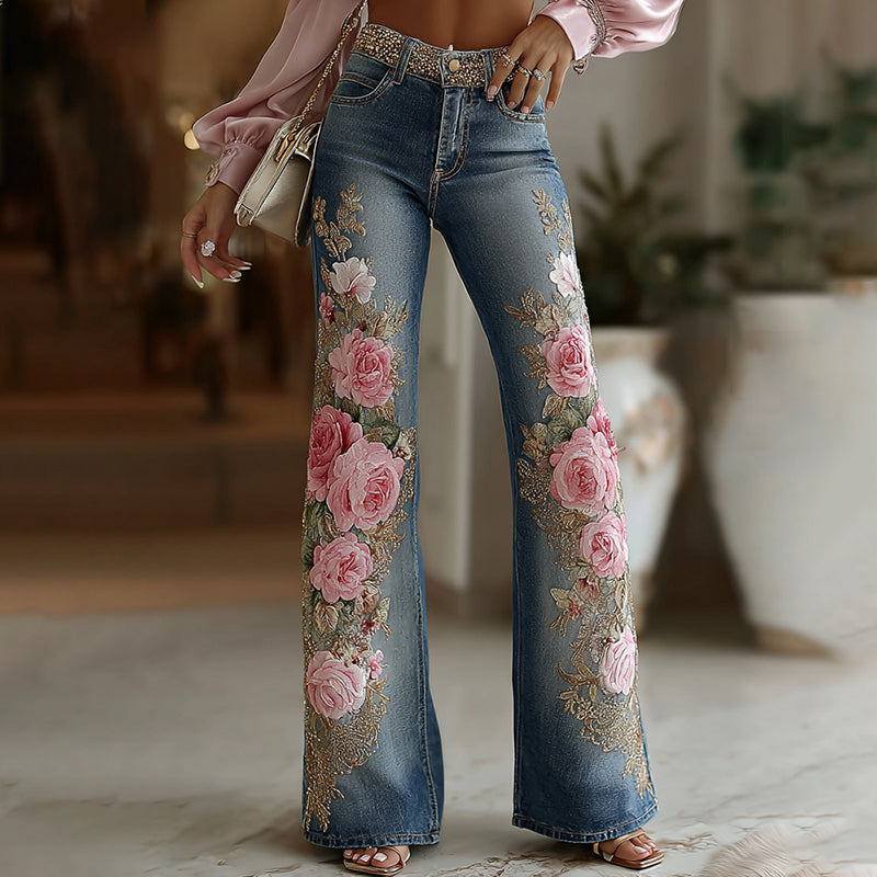 Women's Vintage Rose Floral Embroidery Art Casual Loose Jeans