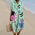 Women's Cup Floral Cat Art Print V-neck Dress artswardrobe