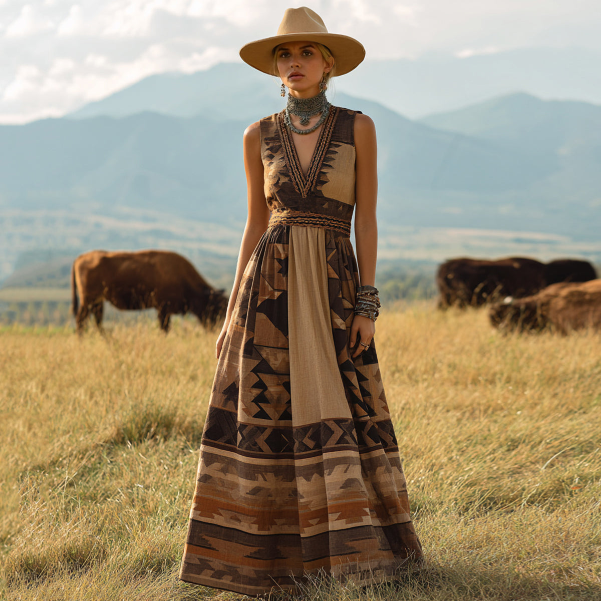 Women's Vintage Western Aztec Geometric Print V-neck Sleeveless Maxi Dress artswardrobe