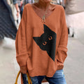 Women's Classic Peek-A-Boo Hiding Black Cat Painting Print Long Sleeve T-Shirt elevenforest