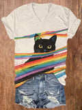 Comstylish Cute Black Cat Peeping From Rainbow Stripe Art Print V-neck T-shirt