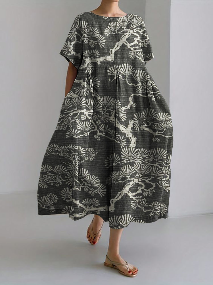 Comstylish Pine Trees Japanese Lino Art Flowy Linen Blend Maxi Dress