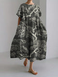 Comstylish Pine Trees Japanese Lino Art Flowy Linen Blend Maxi Dress