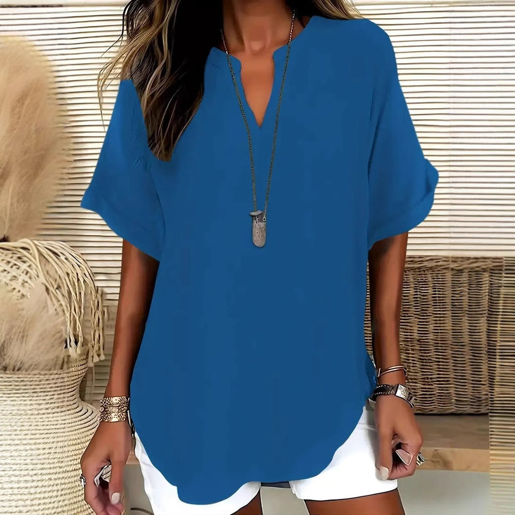 Comstylish Solid Color V-neck Short Sleeve Linen Blend Blouses