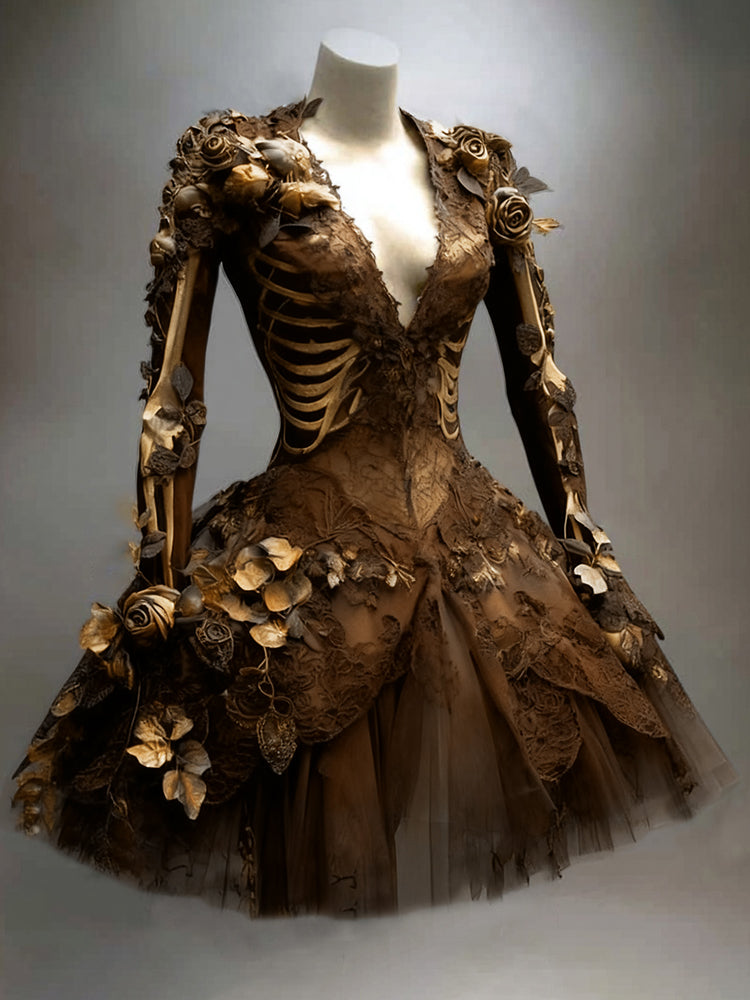 Comstylish Women's Gothic Skull And Branches Pattern Witch Midi Dress