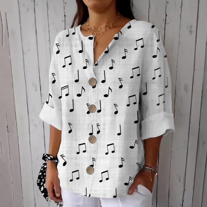Comstylish Musical Notes Pattern Print Linen Casual Shirt