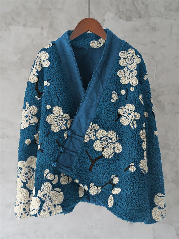 Comstylish Cherry Blossom Japanese Lino Art Cozy Fleece Kimono Cardigan