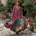 Women's Retro Flower Embroidery Patchwork Art V-neck Long Sleeve Maxi Dress artswardrobe