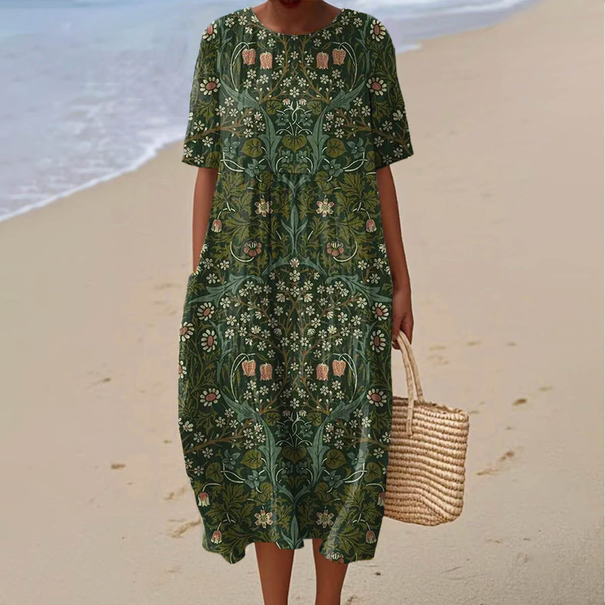 Women's Vintage Floral Print Crew Neck Dress artswardrobe