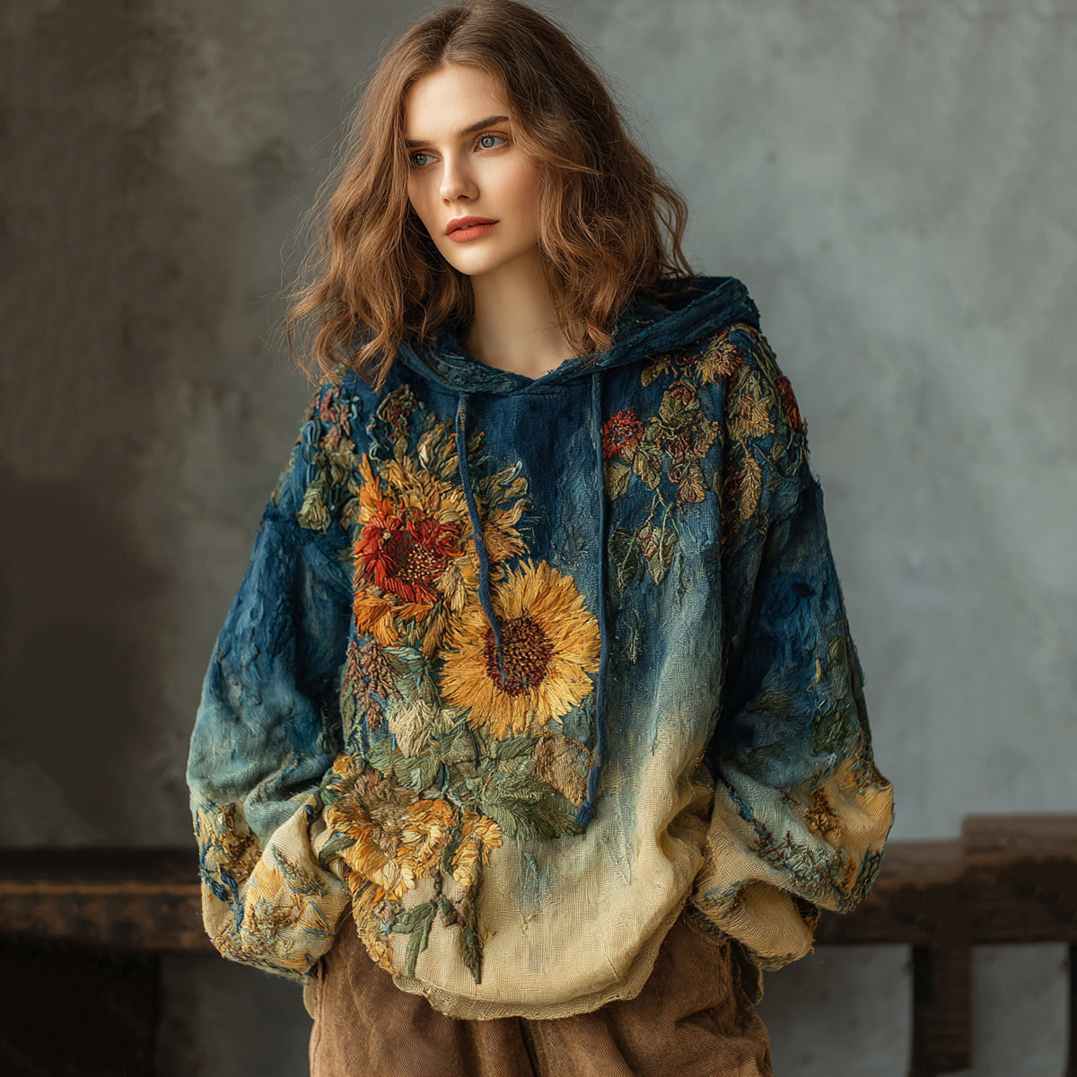 Women's Vintage Oil Painting Flower Art Print Casual Hoodie