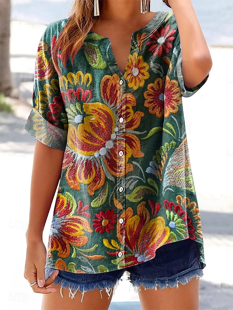 Women's Floral Pattern Art Print Cotton Linen Casual Shirt