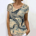 Comstylish Retro Japanese Ink Floral Octopus Art Painting Linen Casual T-Shirt