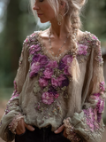 Comstylish Bohemian Style Round Neck Long Sleeve 3d Purple Flower Design Cotton And Linen Top For Women