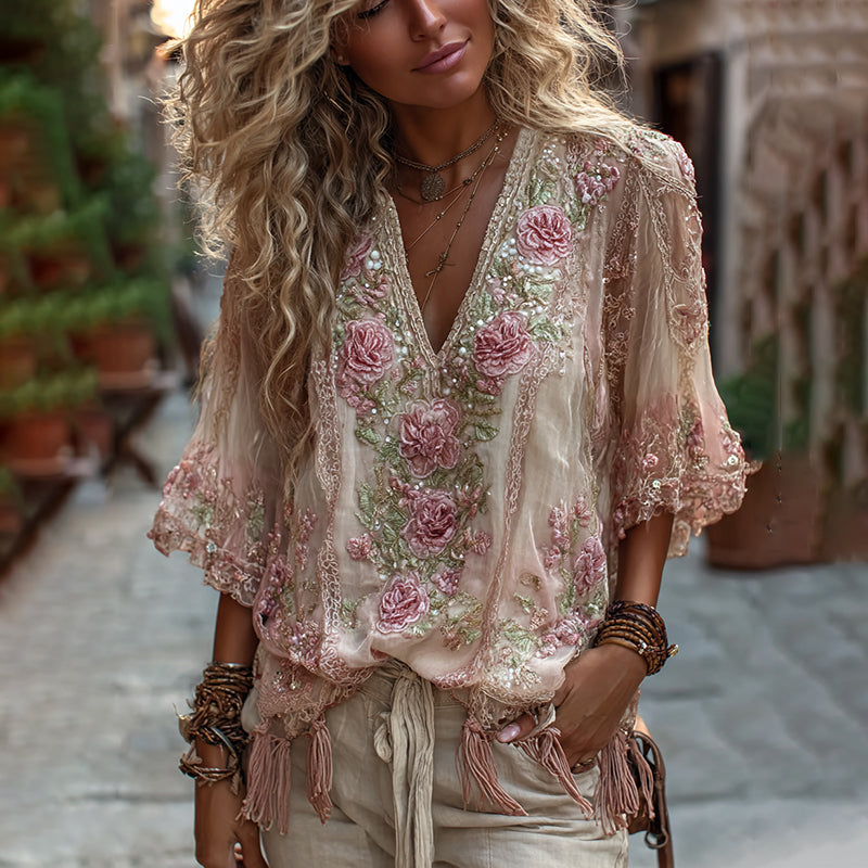 Women's Vintage Rose Embroidery Art Comfy Linen Shirts artswardrobe