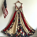 Women's Vintage Independence Day Flag Floral Pattern Suspender Dress artswardrobe