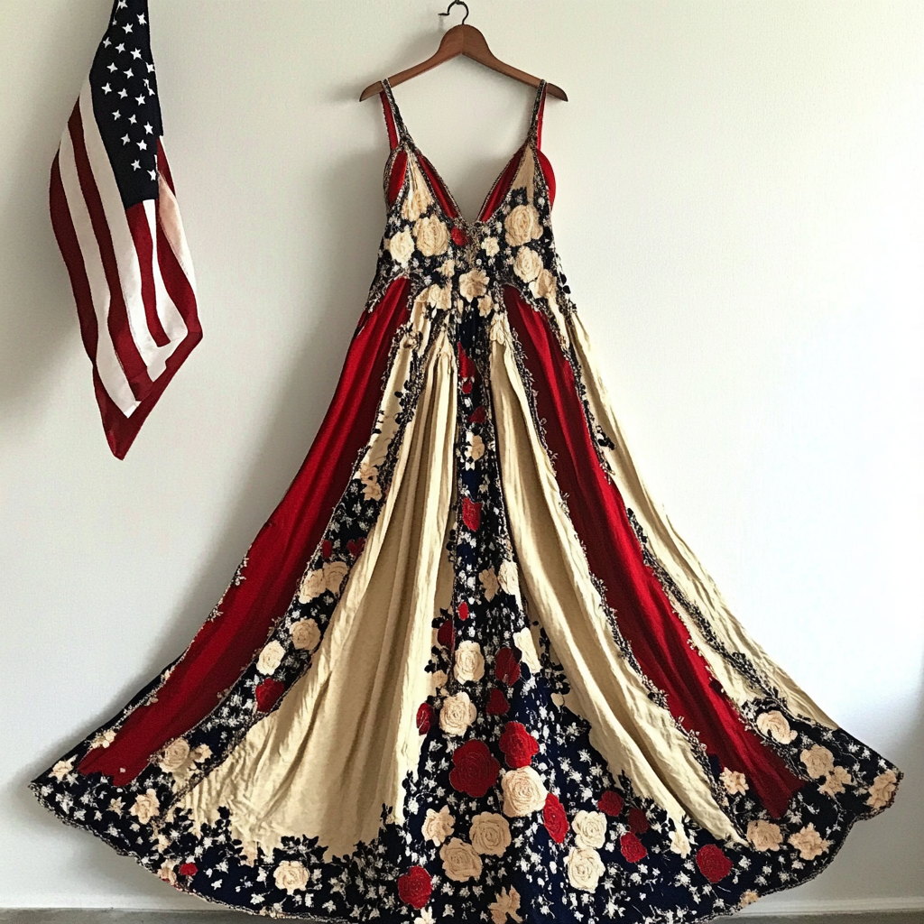Women's Vintage Independence Day Flag Floral Pattern Suspender Dress artswardrobe