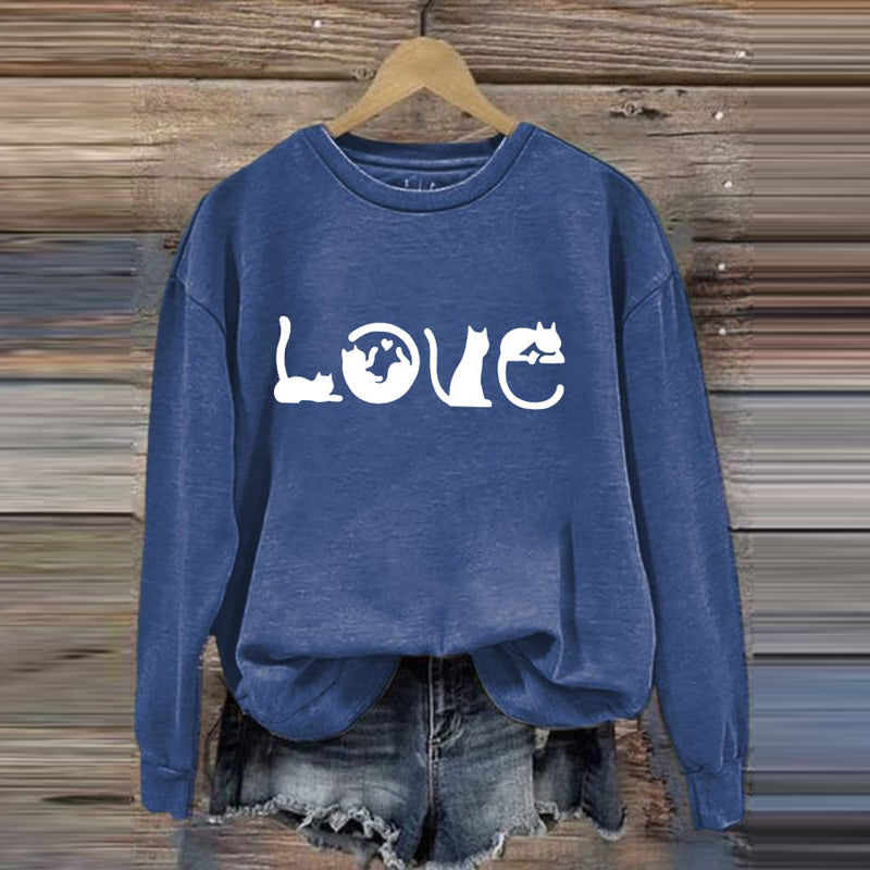 Cat Love Printed Round Neck Casual Sweatshirt elevenforest